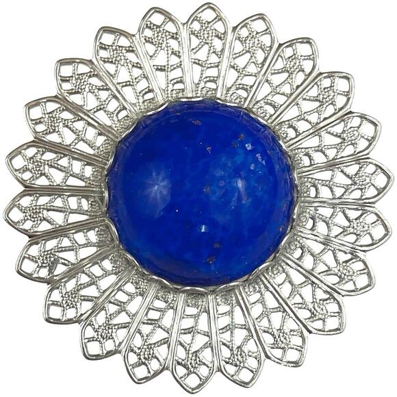 Mid Century Filigree Brooch Silver Tone Domed Blue Glass Cabochon Floral Pin - Picture 1 of 9